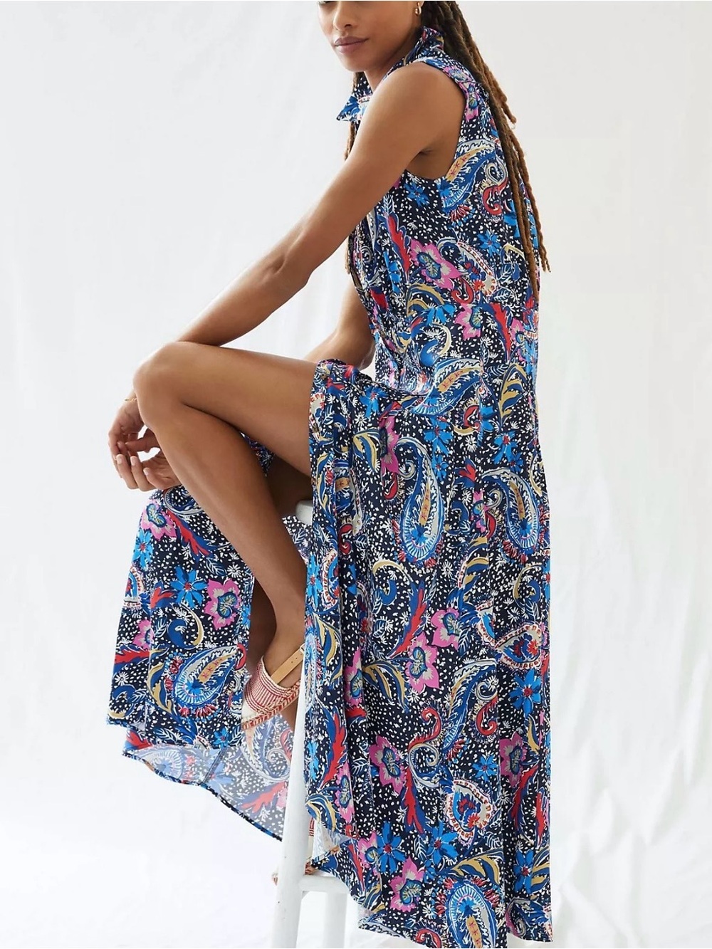 Maeve Whimsical Maxi Dress Blue Floral Sleeveless Button Front